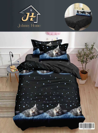 Lenjerii de pat 1 Persoana FINET - Set lenjerie de pat cu imprimeu pisici și stele pe fond negru-P152