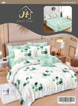 LENJERII DE PAT - Set lenjerie de pat Finet, model geometric cu frunze verzi, 6 piese-R385