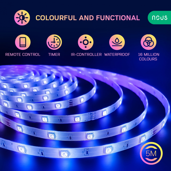 Banda LED RGB Smart Nous F1, Wi-Fi, comanda vocala, senzor sincronizare muzica, A++, 5m [2]