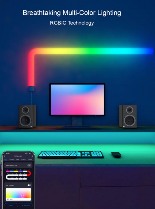 Bara led RGBIC, Wireless, multicolora, sincronizare muzica [2]
