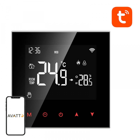 Termostate Smart - AVATTO WT100-WH-3A - Termostat Smart pentru incalzire in pardoseala cu apa, WiFi, Tuya, Negru