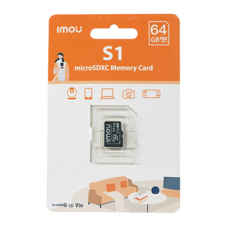 Card de memorie Imou microSD 64GB UHS-I SDXC 10/U3/V30, viteze de citire 95MB/s și scriere 38MB/s, ideal pentru camere de supraveghere și dispozitive de stocare. [1]