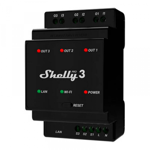 Relee Wireless - Comutator inteligent pentru șină DIN Shelly Pro 3 cu contacte uscate, 3 canale
