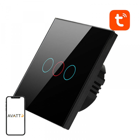 Intrerupatoare Smart Touch Wireless - Intrerupator inteligent WiFi Avatto TS02-EU-B3, 3 Canale, Tuya, Negru