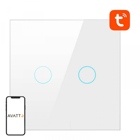 Intrerupatoare Smart Touch Wireless - Intrerupator smart WiFi Avatto TS02-EU-W2, 2 Canale, Tuya, Alb