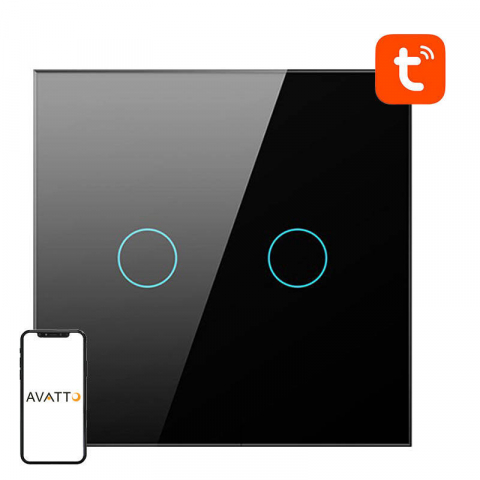 Intrerupatoare Smart Touch Wireless - Întrerupător smart ZigBee Avatto LZTS02-EU-B2, 2 Canale, Fără Nul, compatibil TUYA (negru)