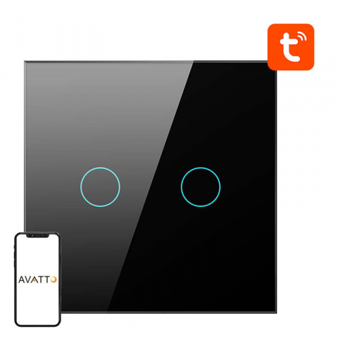 Intrerupatoare Smart - Intrerupator tactil ZigBee Avatto ZTS02-EU-B2, 2 Canale, Tuya, Negru