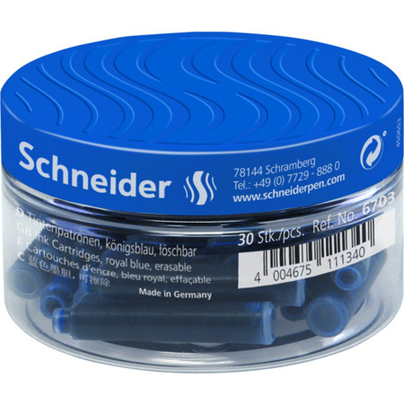 Rezerve pentru stilou Schneider. Cerneală albastră intensă, flux constant, compatibile cu majoritatea stilourilor Schneider. Set de 30 de bucăți. [2]