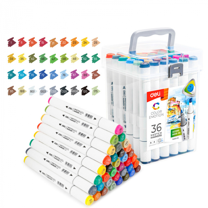 SET 36 MARKERE SKETCHING CU ALCOOL VARF DUBLU ROTUND 1MM/TESIT 7MM CUTIE PLASTIC COLOR EMOTION DELI [1]