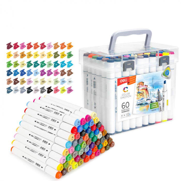 SET 60 MARKERE SKETCHING CU ALCOOL VARF DUBLU ROTUND 1MM/TESIT 7MM CUTIE PLASTIC COLOR EMOTION DELI [1]