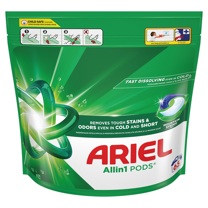 Produse Casa - ARIEL All in One Pods Mountain Spring, detergent automat de rufe, capsule, 65 buc