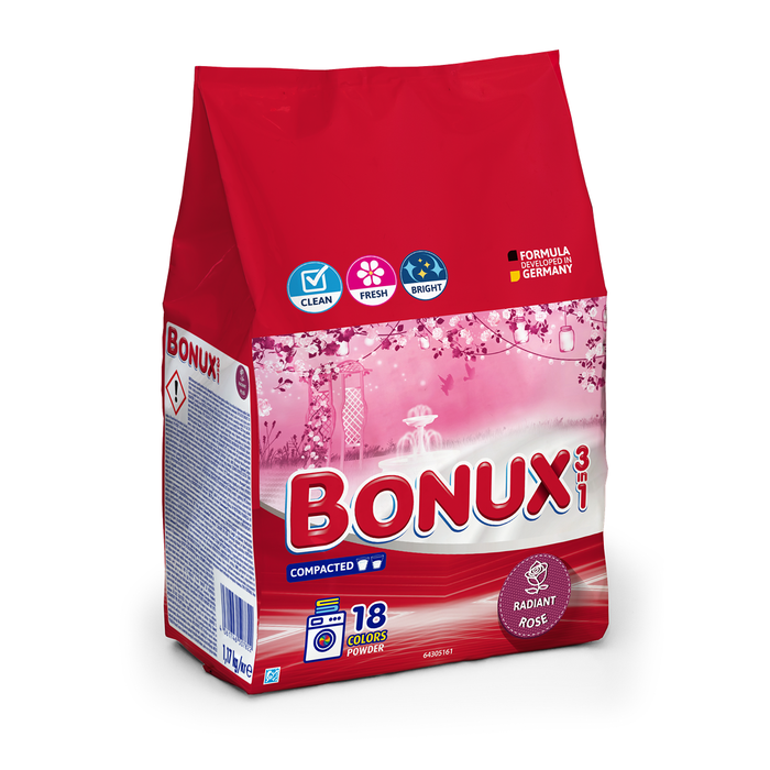 Detergenti - BONUX 3 in 1 Radiant Rose, detergent automat de rufe, pudra, 18 spalari, 1.17 kg