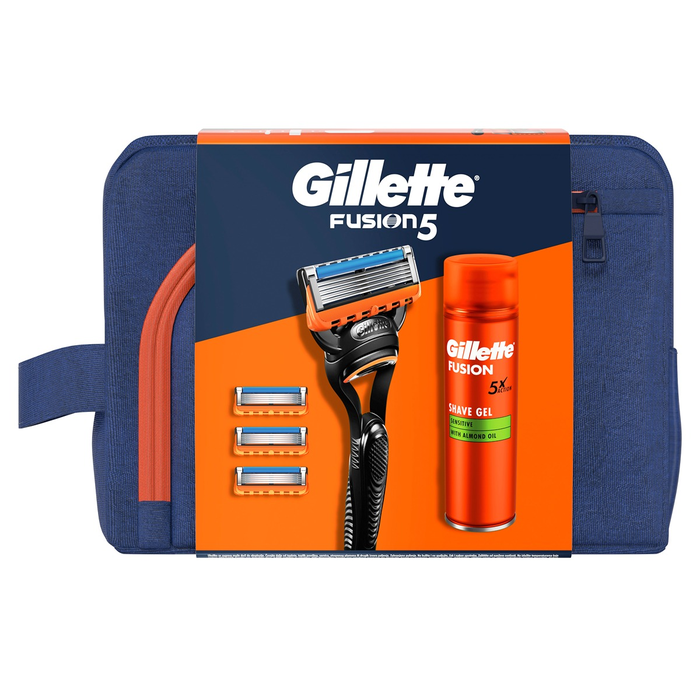 Ingrijire Personala - Set cadou X-Mas GILLETTE Fusion Sensitive, aparat de ras cu 4 rezerve + gel de ras 200 ml + trusa de voiaj