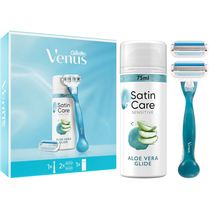 Ingrijire Personala - Set cadou X-Mas GILLETTE Venus Smooth, aparat de ras pentru femei + 1 lama de rezerva + gel de ras Satin Care Sensitive Aloe Vera Glide, 75 ml