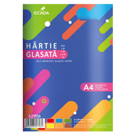 Rechizite si Papetarie - Hartie glasata autocolanta 6 culori A4 6 file/set Ecada 62906