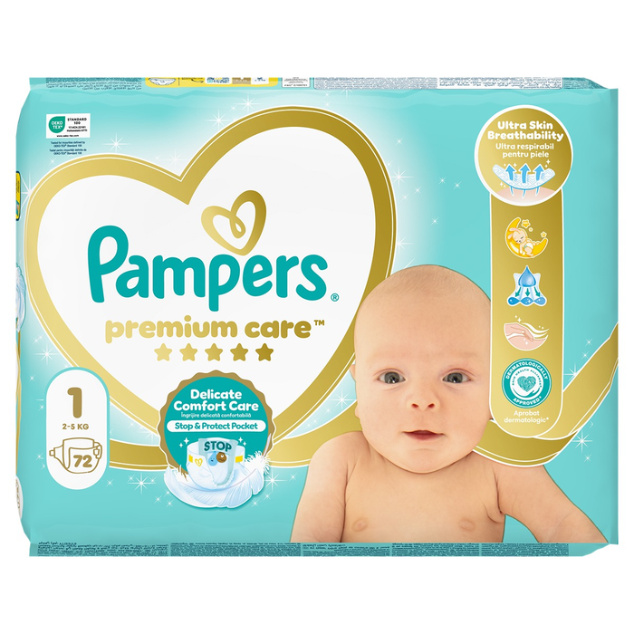 PAMPERS Premium Care, scutece, 2-5 kg, marime 1, Value Pack, 72 buc
