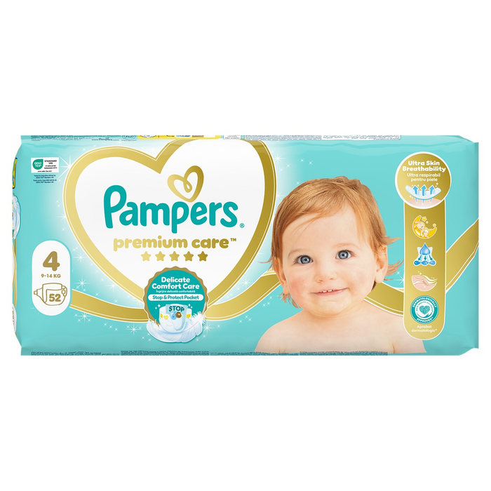 Produse nou-nascut - PAMPERS Premium Care, scutece, 9-14 kg, marime 4, Value Pack, 52 buc