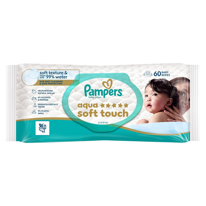 Produse Casa - PAMPERS Aqua Soft Touch, servetele umede, textura moale, 99% apa, 60 buc
