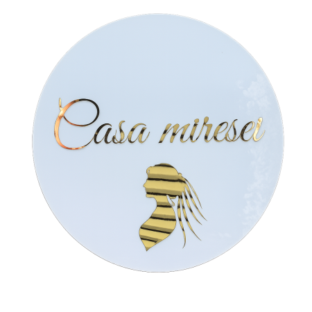 Nunta - Placă decorativă „Casa Miresei” – Plexiglas alb & oglindă acrilică aurie – Ø 60 cm