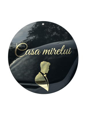 Nunta - Placă decorativă „Casa Mirelui” – Plexiglas negru & oglindă acrilică aurie – Ø 60 cm