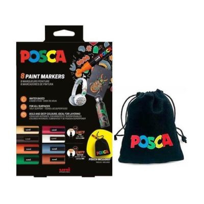 Markere Acrilice - Set 8x Marker UNI (4xPC-5M si 4xPC-3M), varf rotund, cutie carton + saculet textil model 2025, Posca (M1645)