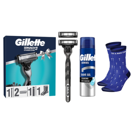 Ingrijire Personala - Set cadou GILLETTE Mach3 Charcoal, aparat de ras + gel de ras, curatare cu carbune + pereche sosete
