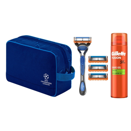 Ingrijire Personala - Set cadou GILLETTE Fusion5 UEFA Champions League, aparat de ras + 3 rezerve + gel de ras Sensitive cu ulei masline 200 ml