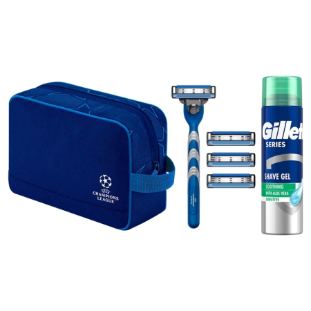 Ingrijire Personala - Set cadou GILLETTE Mach3 UEFA Champions League, aparat de ras + 3 rezerve + spuma de ras Sensitive aloe vera 200 ml