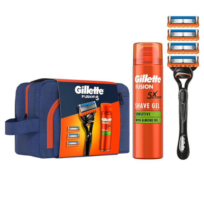 Ingrijire Personala - Set cadou GILLETTE Fusion: Aparat de ras, maner + 3 rezerve + Gel de ras Fusion Ultra Sensitive, 200 ml + Gentuta voiaj