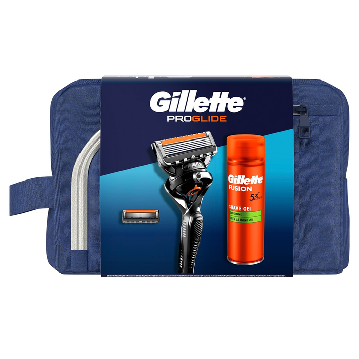Ingrijire Personala - Set cadou X-Mas GILLETTE Fusion Proglide, aparat de ras cu 1 rezerva + gel de ras Fusion Sensitive 200 ml + trusa de voiaj