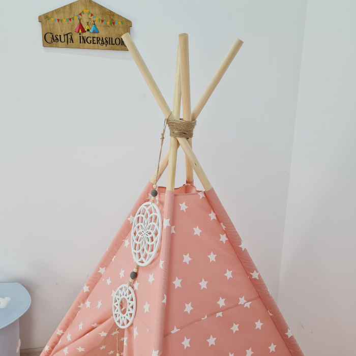 Cort teepee de joaca Big Stars White & Somon [2]