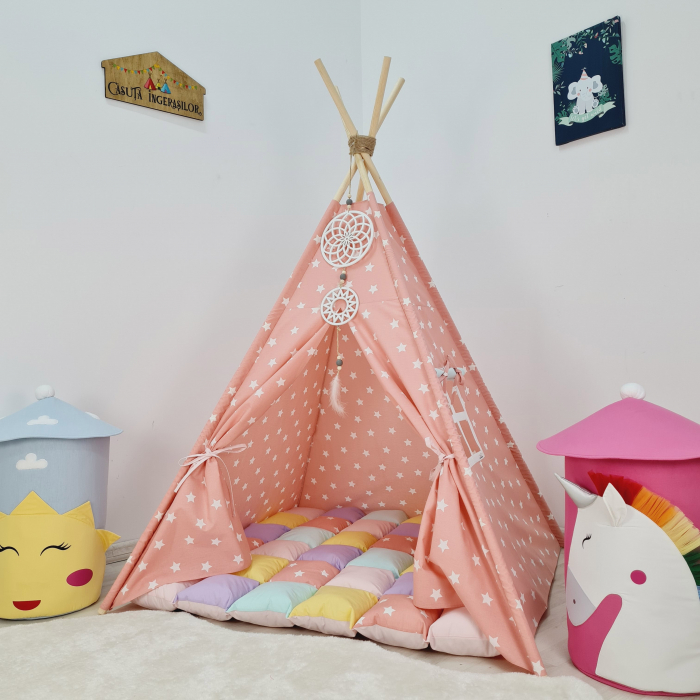 Cort teepee de joaca Big Stars White & Somon [1]