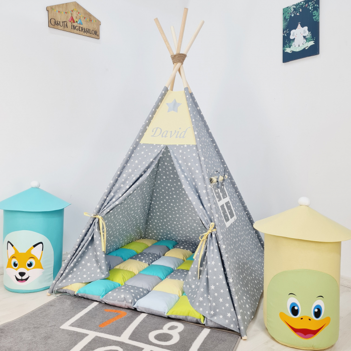 Cort de joaca teepee Milky Stars&Yellow Personalizat [1]