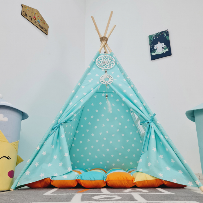 Cort teepee de joaca stele white&turcoaz [2]