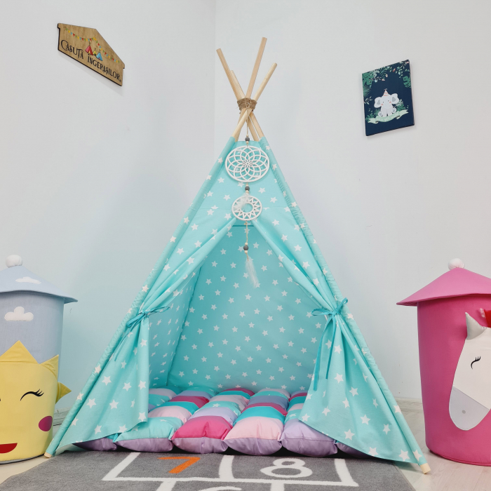 Cort teepee de joaca stele white&turcoaz - fetite [3]