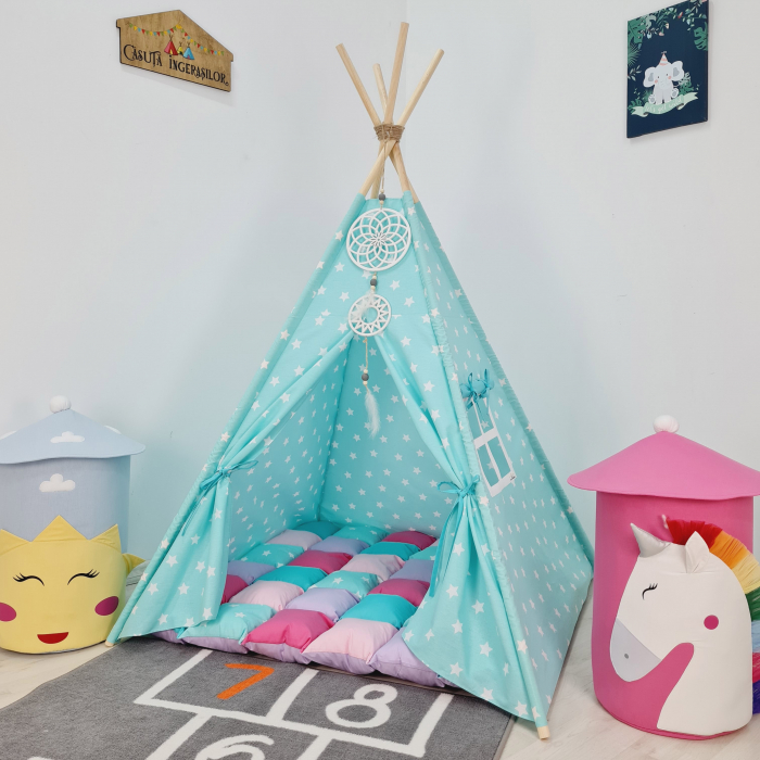 Cort teepee de joaca stele white&turcoaz - fetite [1]