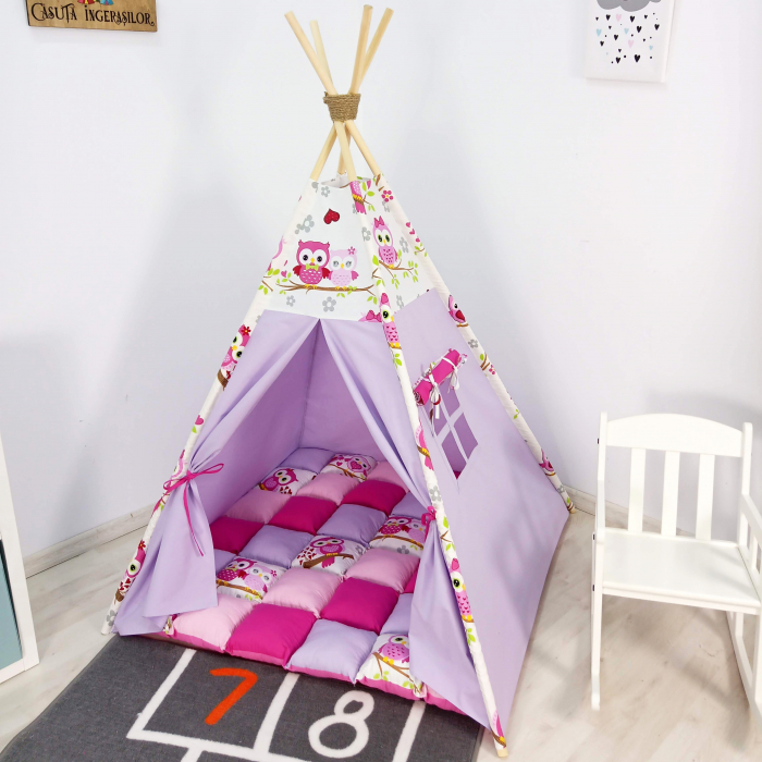 Cort teepee de joaca Bufnitele Vesele Roz/Mov [1]