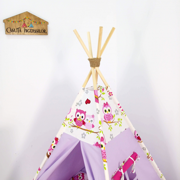Cort teepee de joaca Bufnitele Vesele Roz/Mov [2]