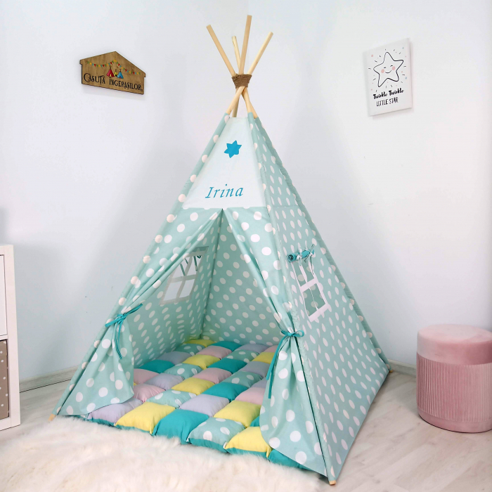 Cort teepee de joaca Dots Turquoise Personalizat [1]