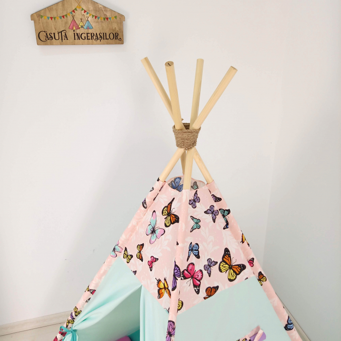 Cort teepee de joaca Fluturi multicolori turcoaz [4]