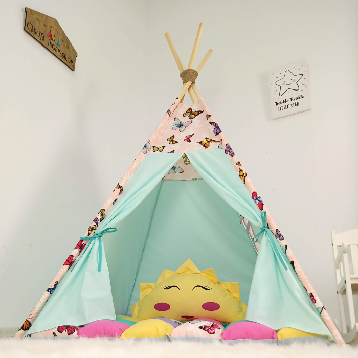 Cort teepee de joaca Fluturi multicolori turcoaz [2]