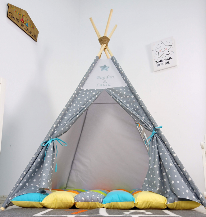 Cort teepee de joaca Milky Stars & Gray [3]