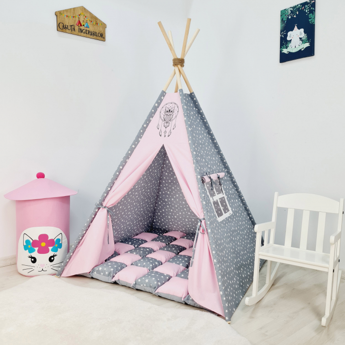 Cort teepee de joaca Milky Stars&Owl Pink [1]