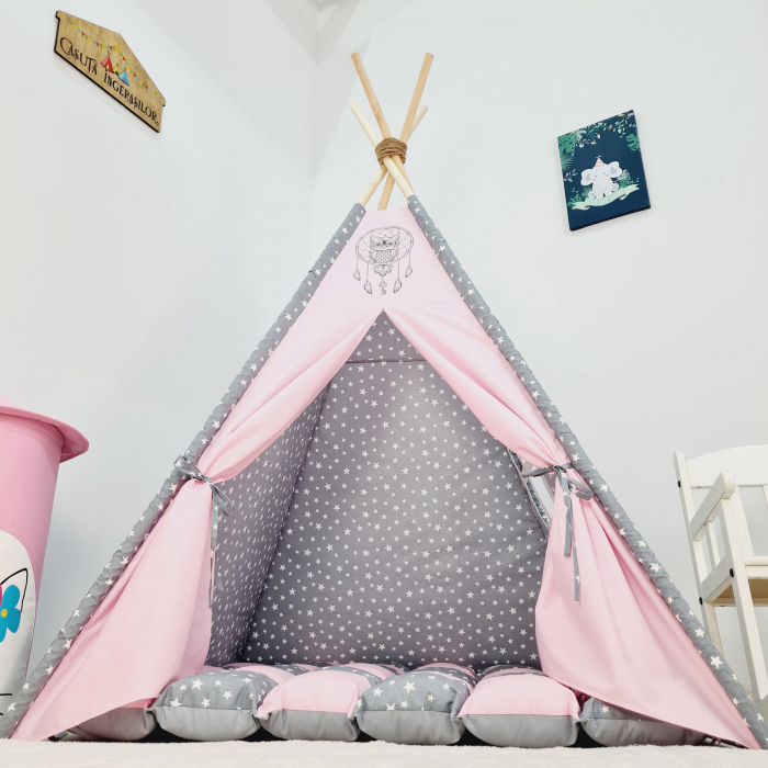 Cort teepee de joaca Milky Stars&Owl Pink [3]