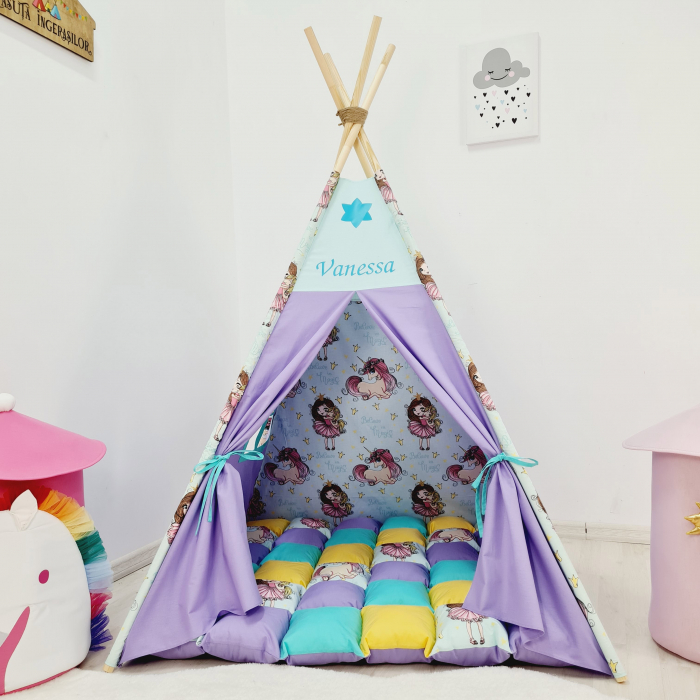 Cort teepee de joaca printesa si unicornii lila personalizat [4]