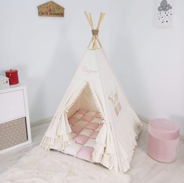 Cort teepee de joaca ruffle ivoire&pink [2]