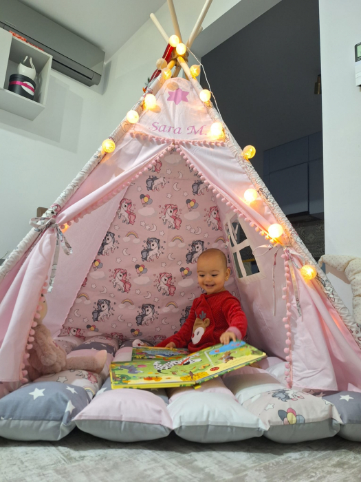 Cort teepee de joaca printesa si unicornii roz prafuit [10]