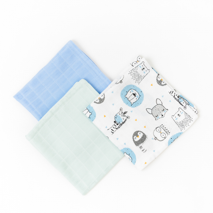 Set 3 museline bebelus - 100% organic - animale bleu/turcoaz/bleu [1]