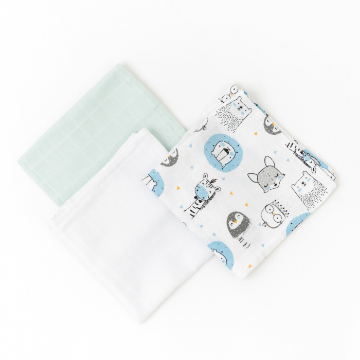 Set 3 museline bebelus - 100% organic - animale bleu/turcoaz/alb [1]