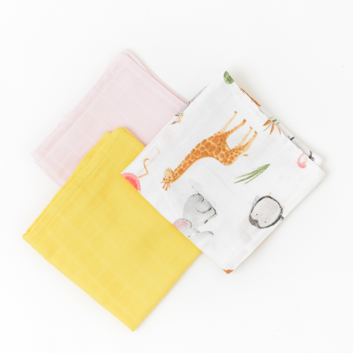 Set 3 museline bebelus - 100% organic - animale/galben/roz [1]